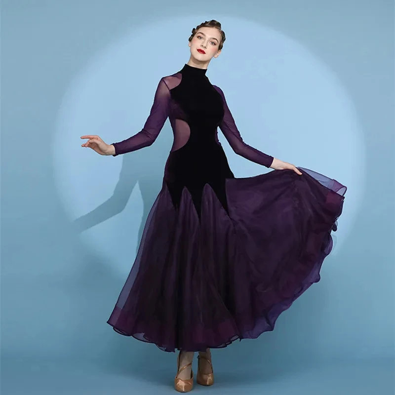 Dark Purple Velvet Stitching High-collar Standard Ballroom Dance Dress Tango Costumes Ball Gown Dance Waltz Dress Fringe
