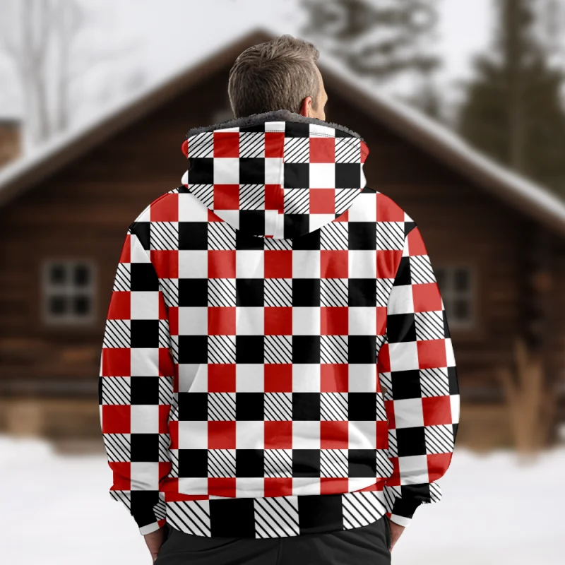 New Colorful Plaid Cotton Coat Hooded Sweater Casual Printed Men's Fur Loop Arctic Velvet Zipper Patch Pocket Hooded Sweater a04