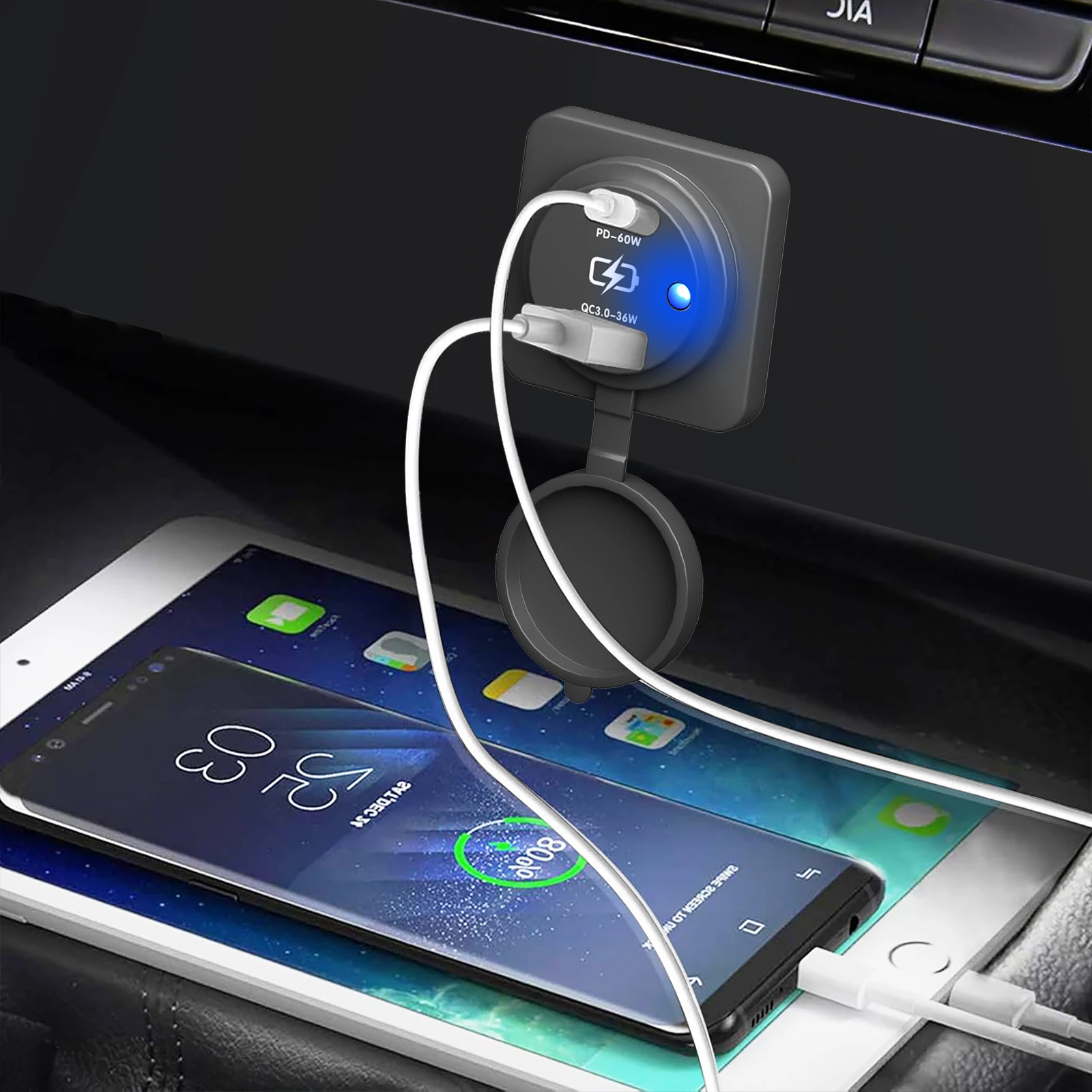 High-Speed Dual USB-C Power Socket with 60W PD & QC3.0 Charger