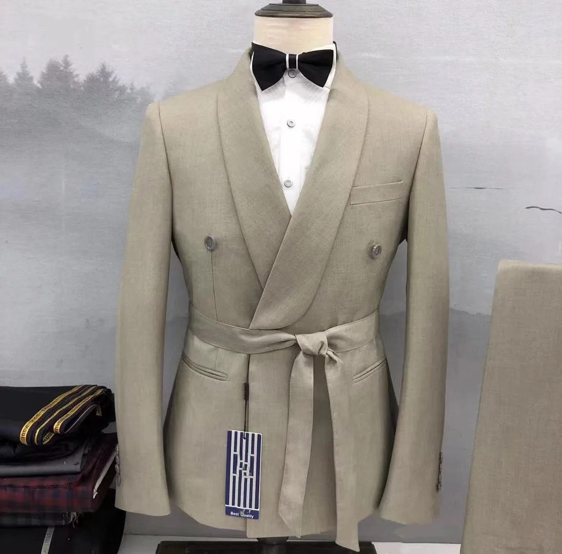 Fashion Light Blue Wedding Suits Men Paired with Belt Formal Groom tuxedos Shawl Collar Prom for Male Blazer Slim Fit