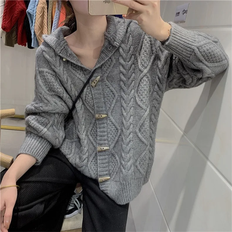 

Winter New Horn Button Women's Sweater Coat Loose Retro Hooded Knitted Cardigan Female Casual Dolman Sleeves Knit Outwear 2023