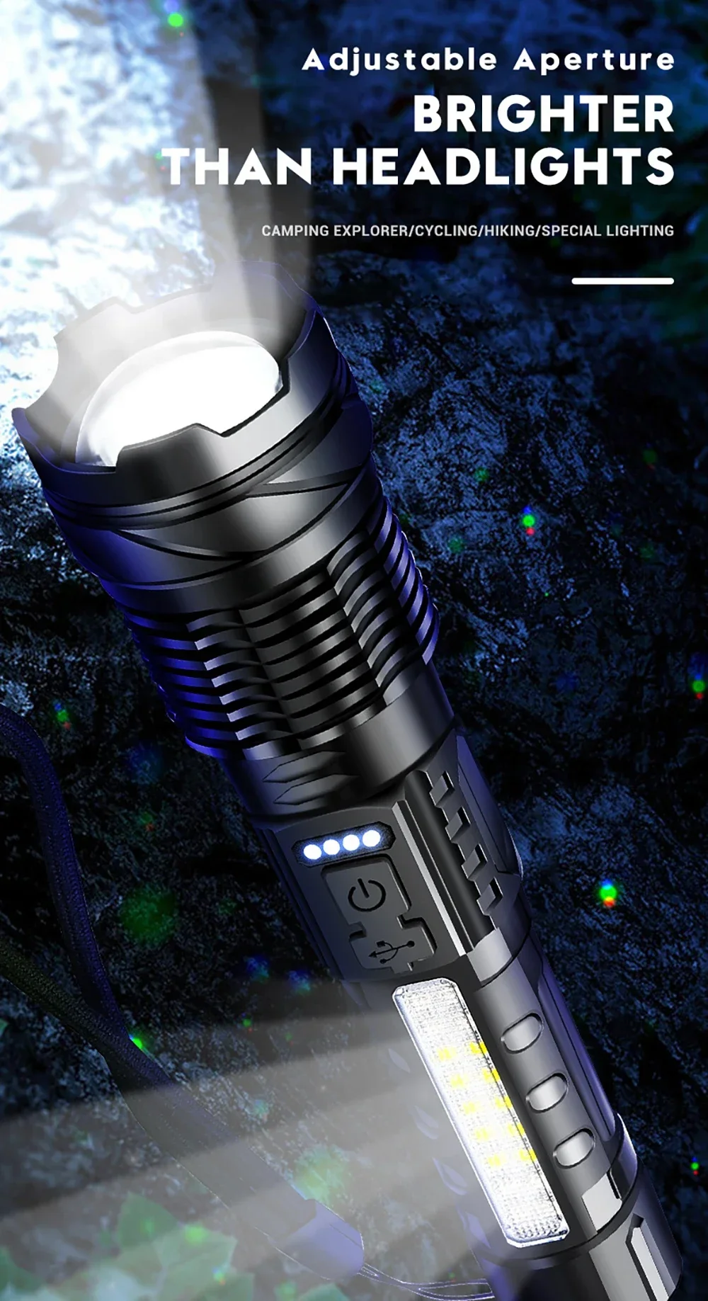 Description Picture 2 of itemPortable Tactical Flashlight Flashlight with Built-In Battery USB Rechargeable Outdoor Emergency Spotlights Telescopic Jet Beam