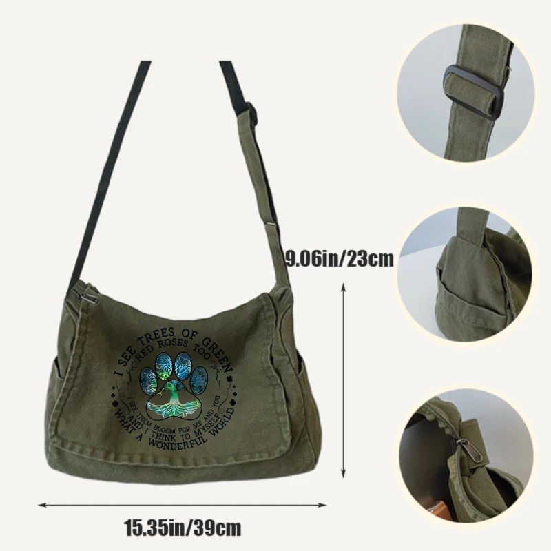Vintage Women's Messenger Bag Canvas Artistic Letter Print Large Capacity Shoulder Bag for Daily Use