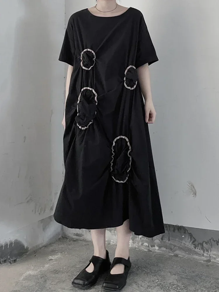 

Винтажное Повседневное платье-футболка XITAO, модное свободное летнее платье контрастных цветов с круглым вырезом и декоративными складками, новинка, WMD6701