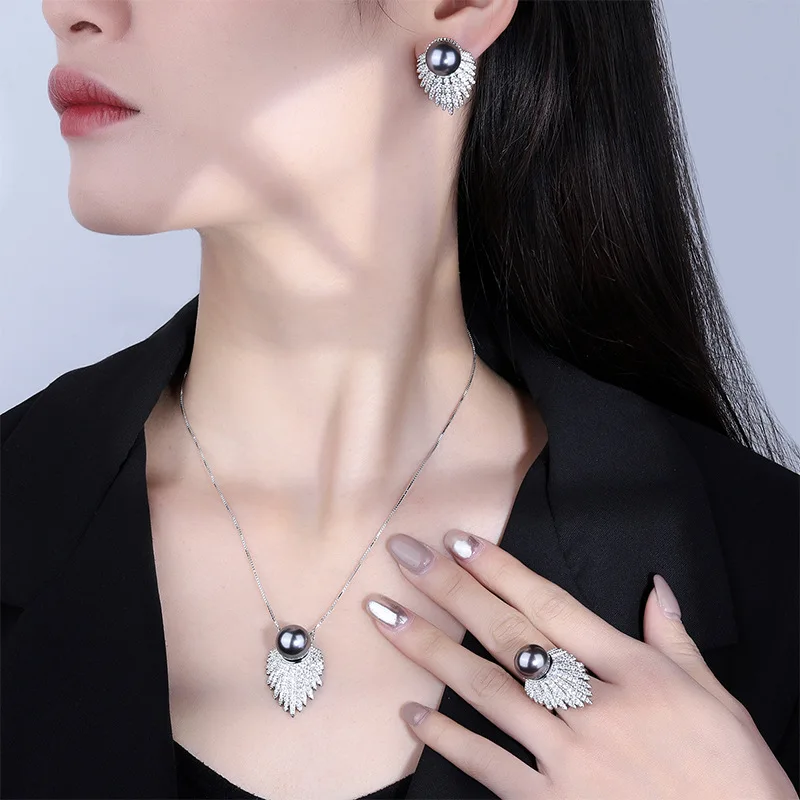 

2023 New 3-piece Set of Gold Plated Beimu Pearl on Copper Bottom with Korean Fashion Grey Pearl Set 12mm