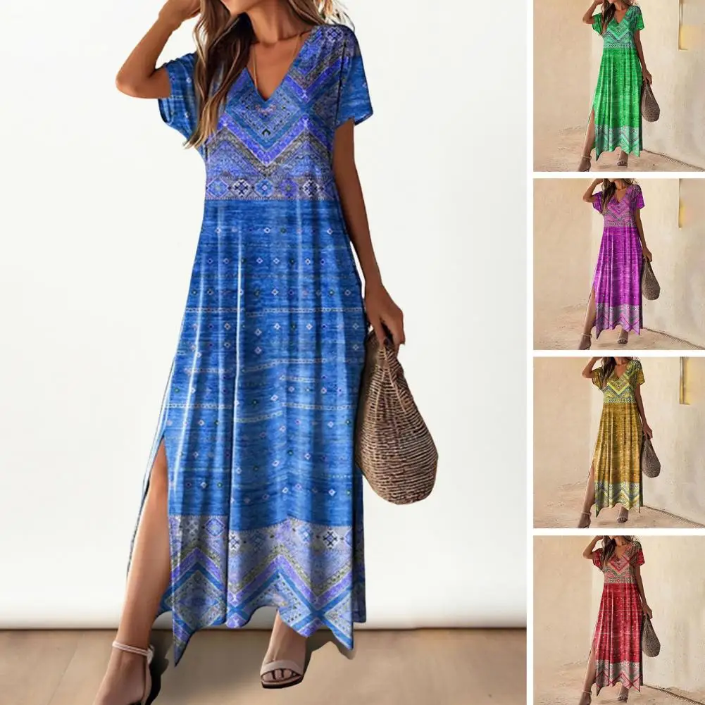 

Loose Fit Long Dress Bohemian Style Vacation Maxi Dress with 3d Print Side Split Plus Size Women's Loose V Neck A-line Ankle