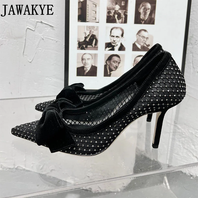 

Formal Crystal Mesh Pumps Elegant Pointed Toe Bowtie Knot Ladies High Heels Velour Black White Party Shoes Women