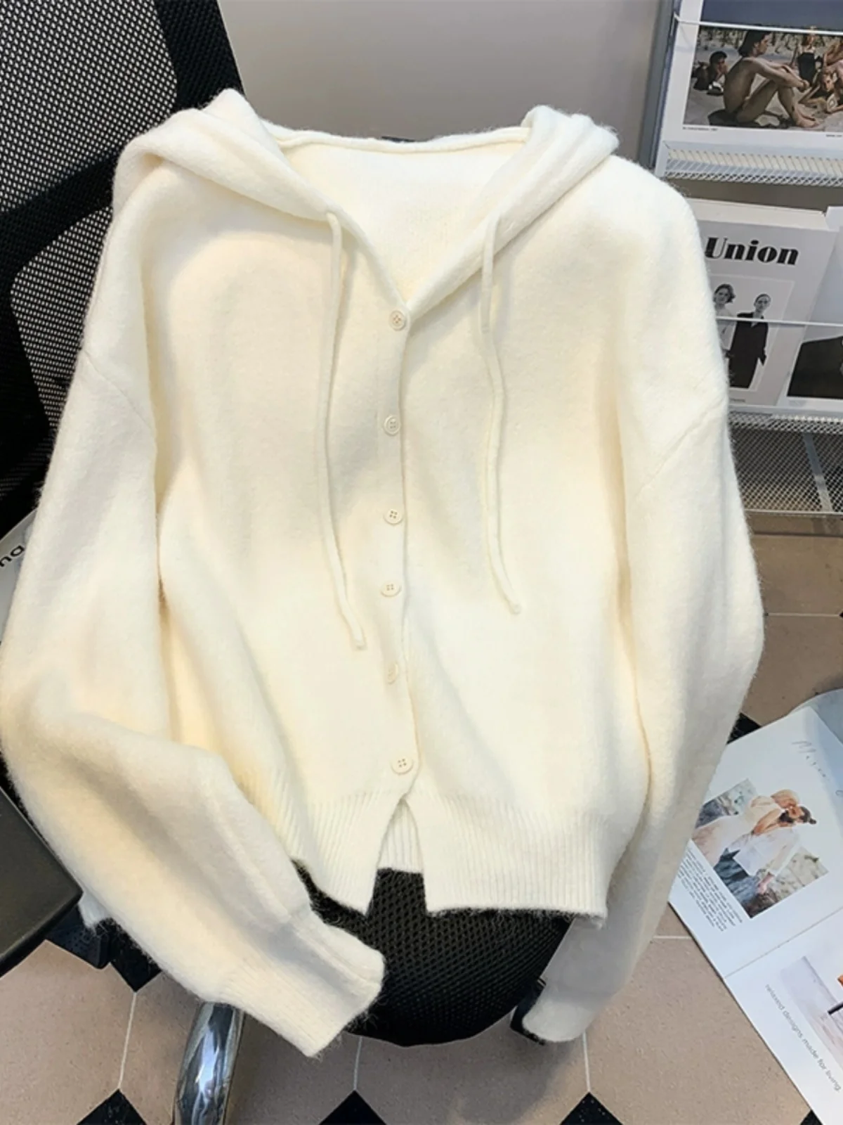 

Женский однобортный Кардиган с капюшоном, однотонный простой вязаный кардиган с длинным рукавом, весна-осень