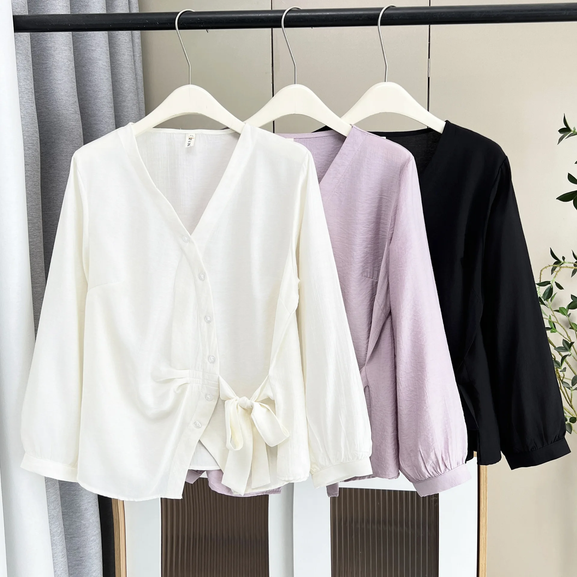 Plus Size Women's Blouses New Stylish Design Side Lace-Up Bow Long Sleeve V-neck Solid Color Shirt 169