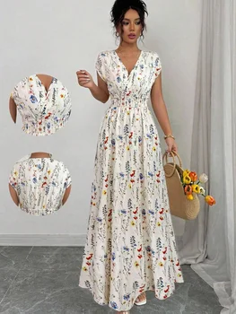 Women's Ditsy Floral Print V-Neck Sleeveless Maxi Dress Casual Waisted Long Dress for Summer