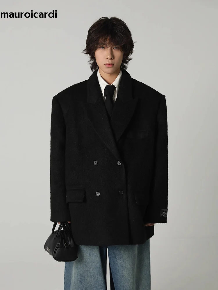

Mauroicardi Autumn Winter Oversized Warm Fluffy Purple Woolen Blazer Men Shoulder Pads Double Breasted Wool & Blends Coat 2023
