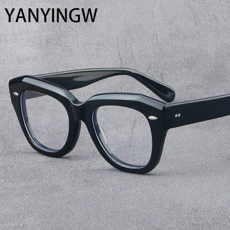 

High Quality Retro Acetate Flat Mirror Big Frame Women Optical Spectacle Frame Men Popular Brand Rivet Glasses Frame