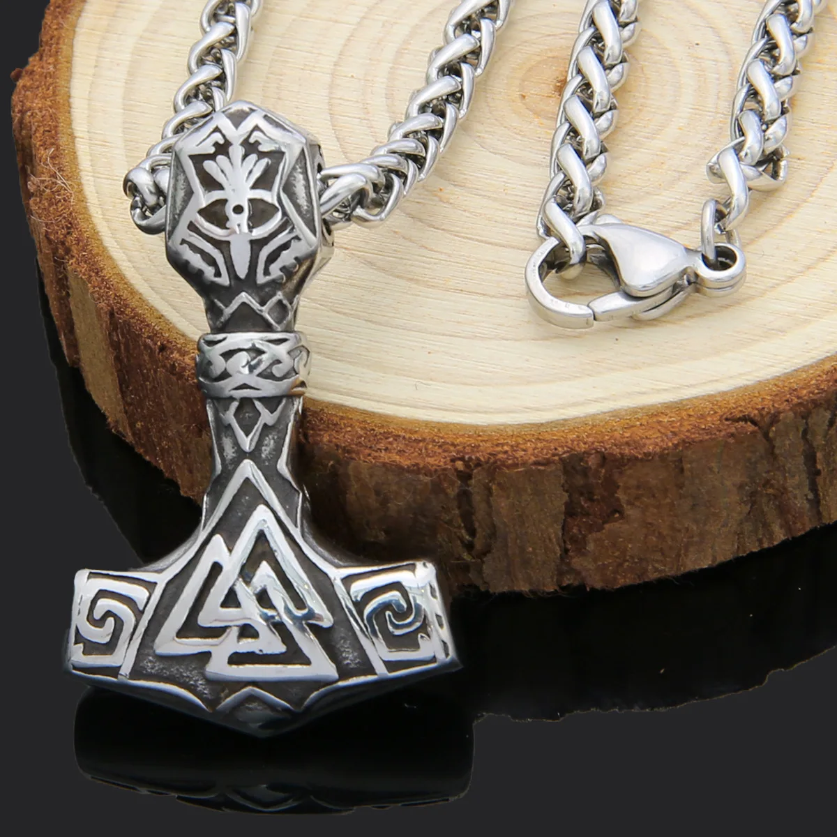 

Viking Thor's Hammer Pendant Necklace Stainless Steel Stacked Triangle Rune Amulet Accessories Viking Jewelry