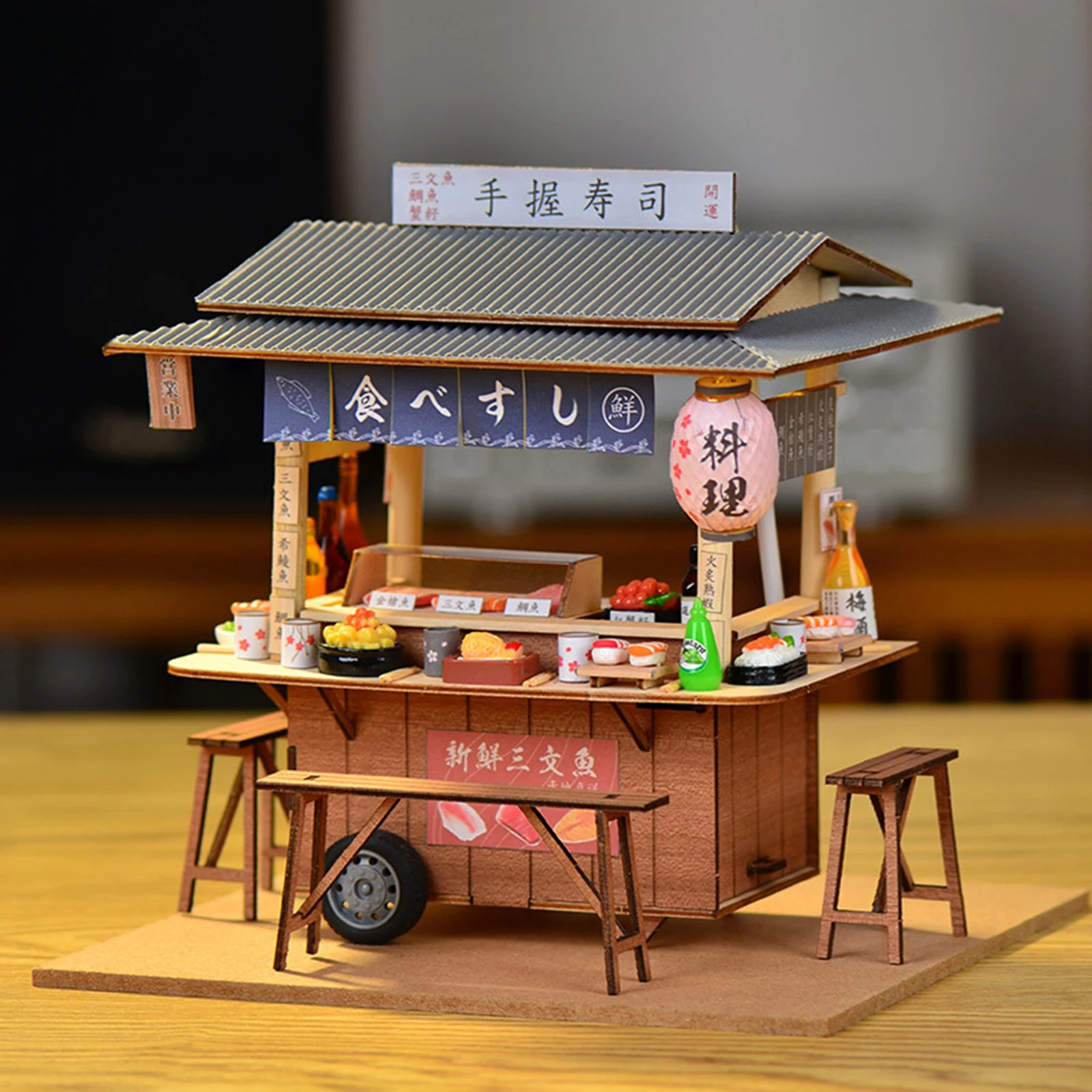 Handmade Miniature Sushi Shop Dollhouse Kit - DIY Wooden Diorama Toy House Scenery