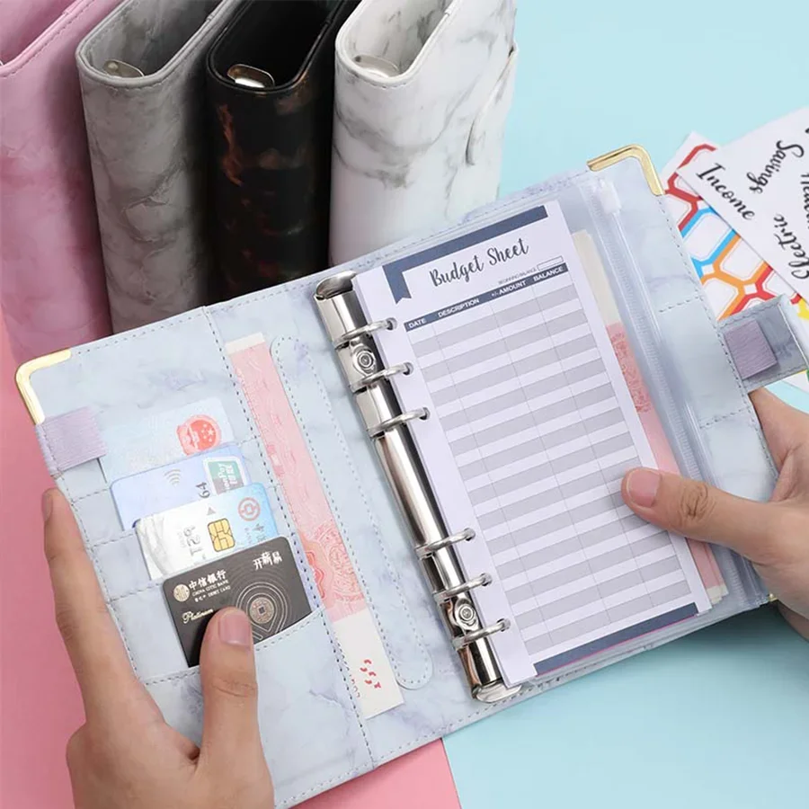 Sleek A6 PU Leather Marble Texture Binder with Zipper – Trendy Multi-Pocket Storage Bag to Keep Your Bills and Receipts Neat! 5