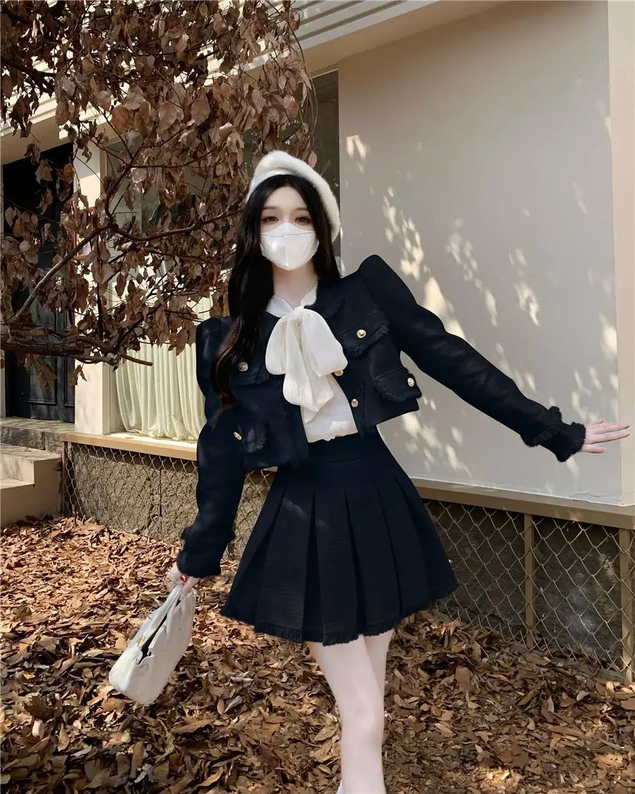 Autumn New French Vintage Tweed Two-Piece Skirt Set Women Short Jacket Coat + Pleated Mini Skirt Suits Korean Luxury Outfits