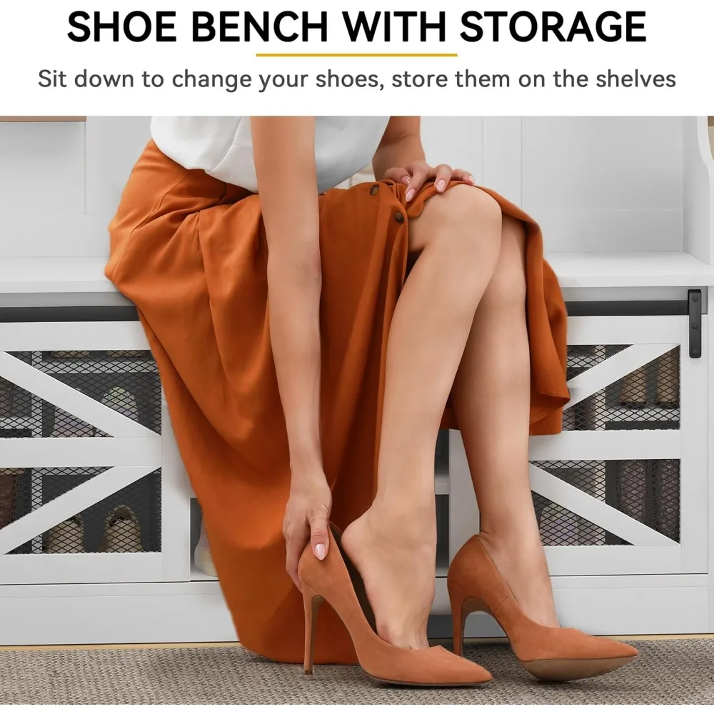 59" wide hall tree with shoe storage, farmhouse entryway bench with coat rack, 16 shoe cubbies with adjustable shelves & 12 coa