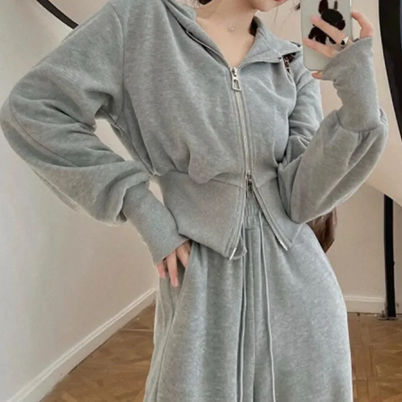 New Fashion Women Short Sweatshirt Pants Set Autumn Loose High-waisted Hoodie Double Zipper Trend Women's Casual Two-piece Set