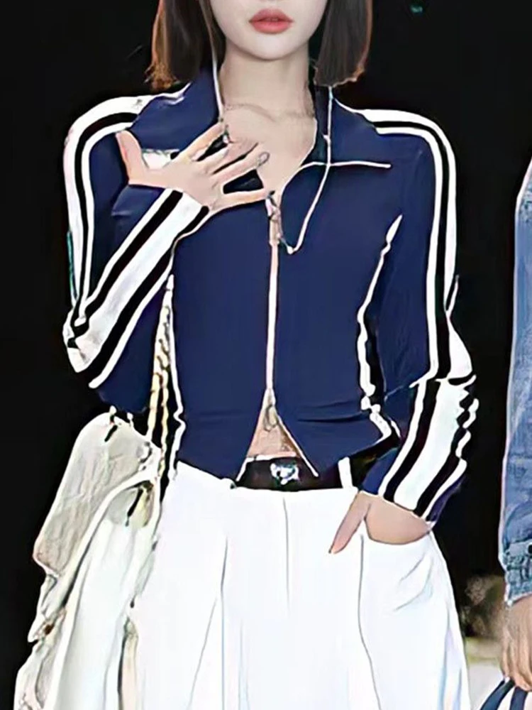 Y2k And Bbno|y2k Striped Zipper Jacket For Women - Korean