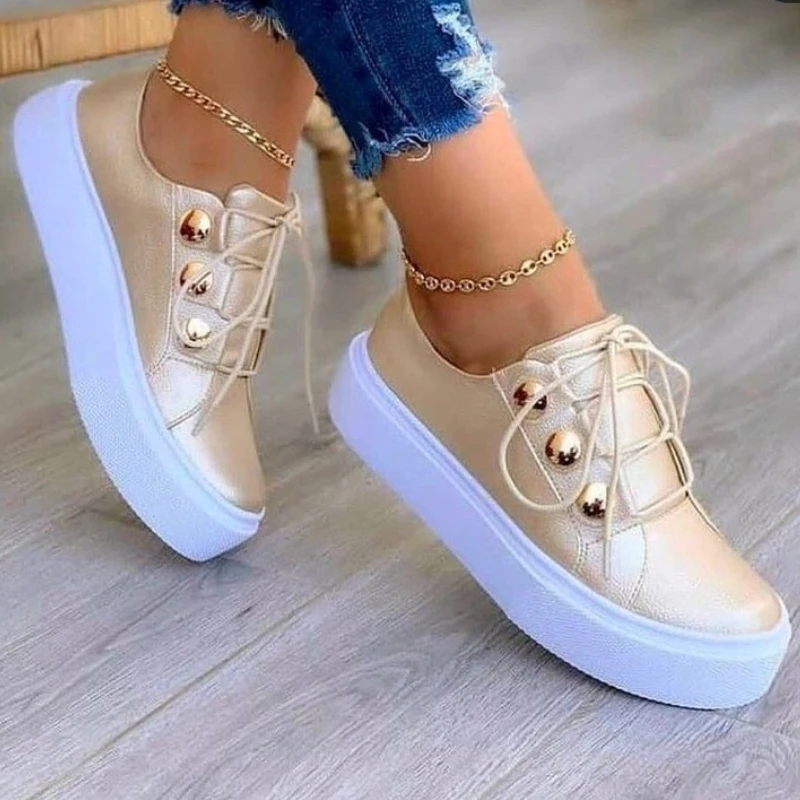 

PU Low Heel Sneakers 2023 Hot Sale Adult Shoes for Women Lace-up Solid Sewing Autumn Women's Vulcanize Shoes Zapatos Deportivos