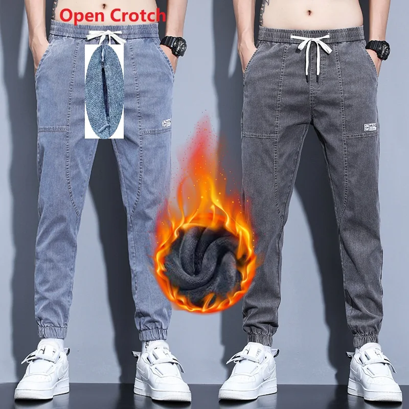 

Fall Winter Outdoor Men's Fleece-Lined Thick Open Crotch Jeans Loose Ankle Banded Working Pants Harem Casual Male Sex Pants