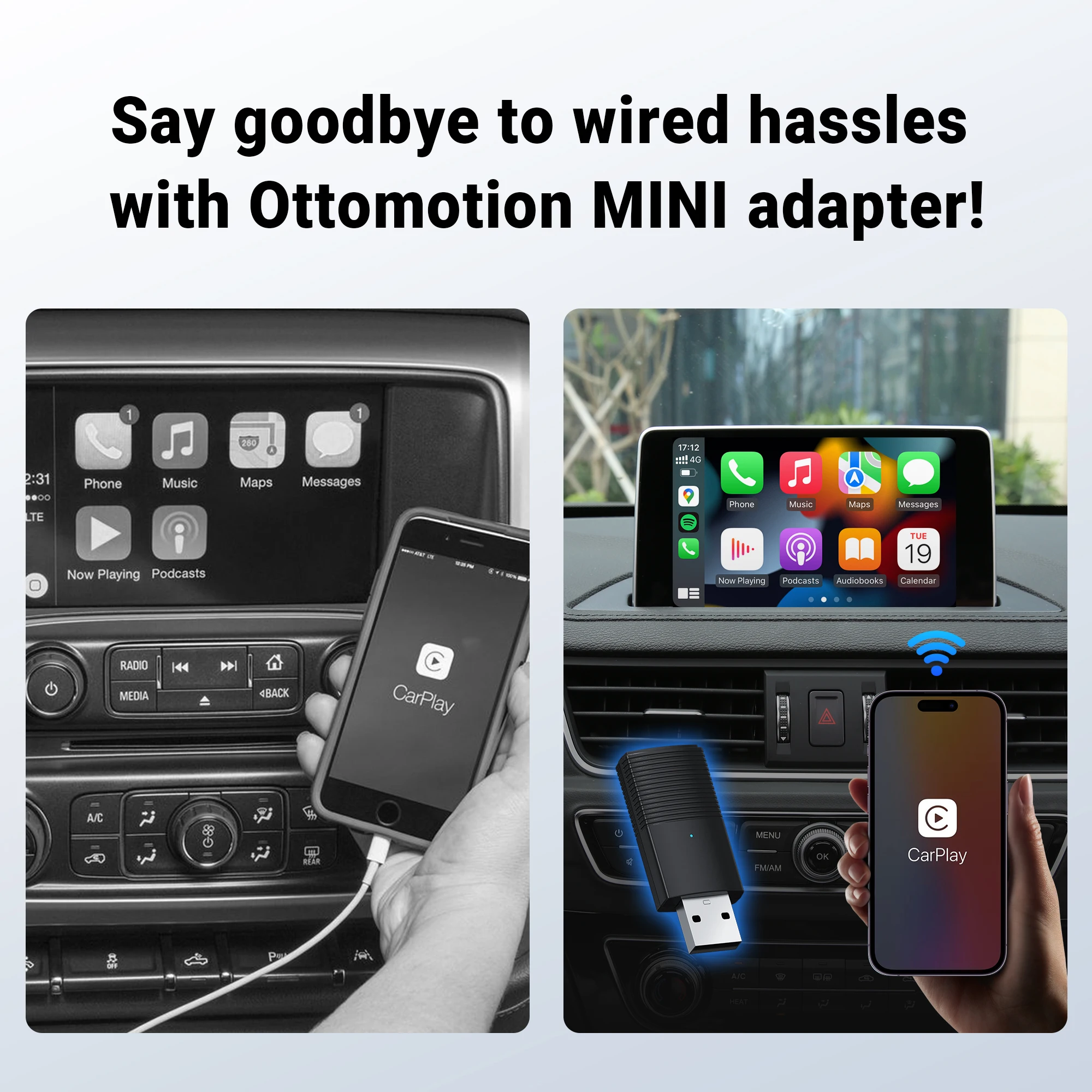 OTTOMOTION 2024 미니 무선 카플레이 어댑터, 스코다 VW 마즈다 도요타 기아 포드용, 휴대용 포켓 USB 블루투스 자동차 액세서리