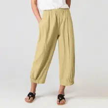 

Dropshipping!!Women Cropped Pants Solid Color Elastic Waist Loose Breathable Spring Ninth Pants for Daily Wear