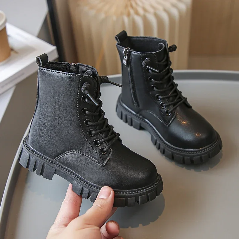 Spring Autumn Girls Ankle Boots Fashion School Kids Leather Boots Thick Bottom Non-slip Children's Platform Causal Boots Black