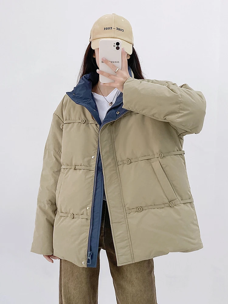 Contrast Color Fashion Thickening Stand Collar White Duck down Bread Coat Winter Coat Short down Jacket for Women