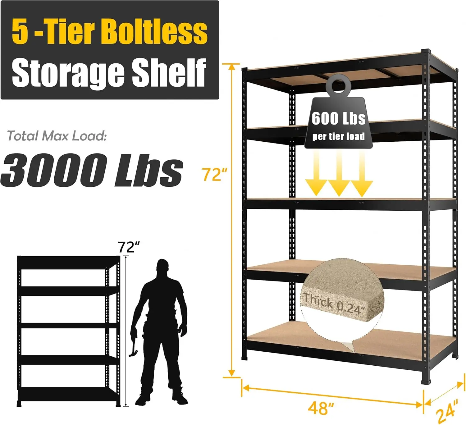 48" x 24" x 72" Heavy Duty Storage Shelves - 5 Tier Adjustable Garage Storage Shelving, Metal Storage Utility Rack Shelf Unit
