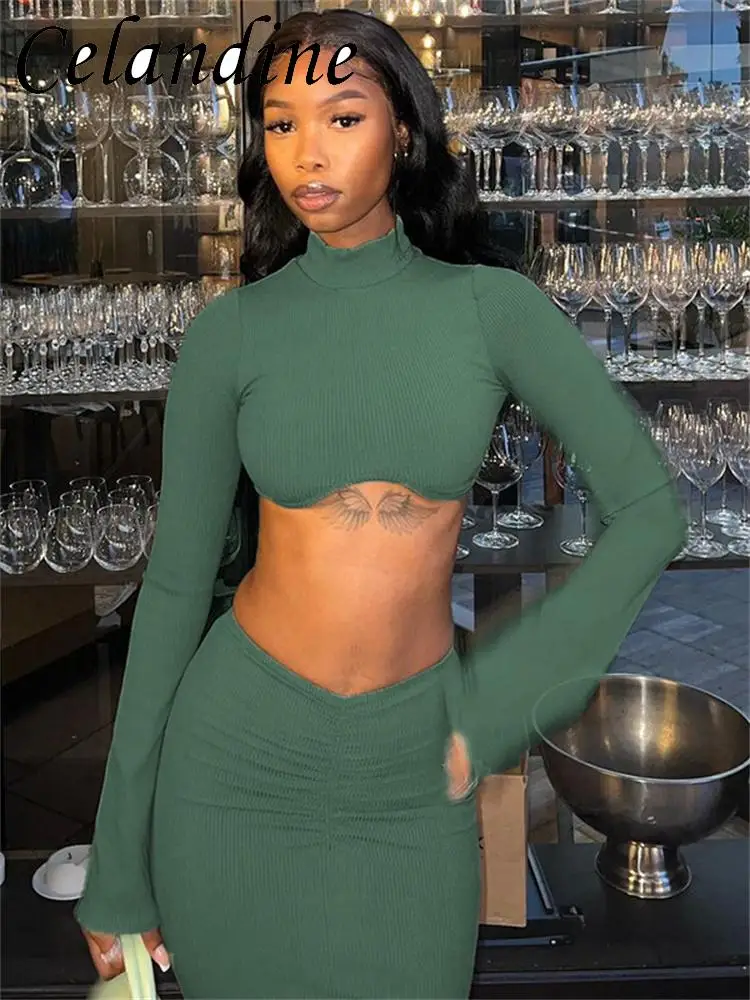 

Женская водолазка Celandine с длинным рукавом, укороченный топ, макси-юбка, соблазнительное платье с рюшами, комплект из 2 предметов, осень-лето, Элегантная Модная одежда