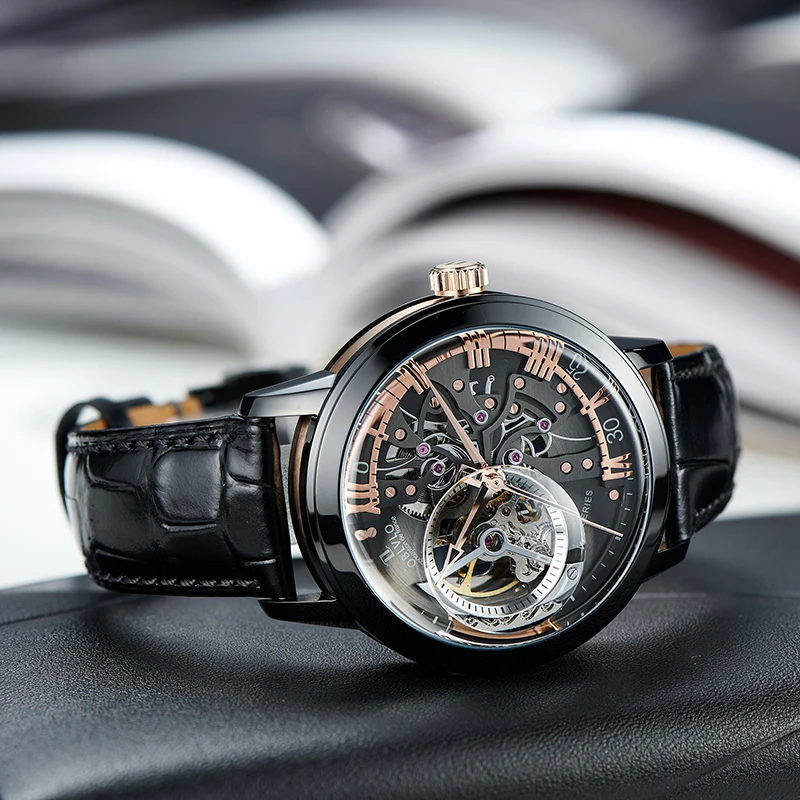 OBLVLO luxe rétro 45mm cadran squelette montres automatiques pour hommes bracelet en cuir de veau cristal minéral étanche montre mécanique VM 1
