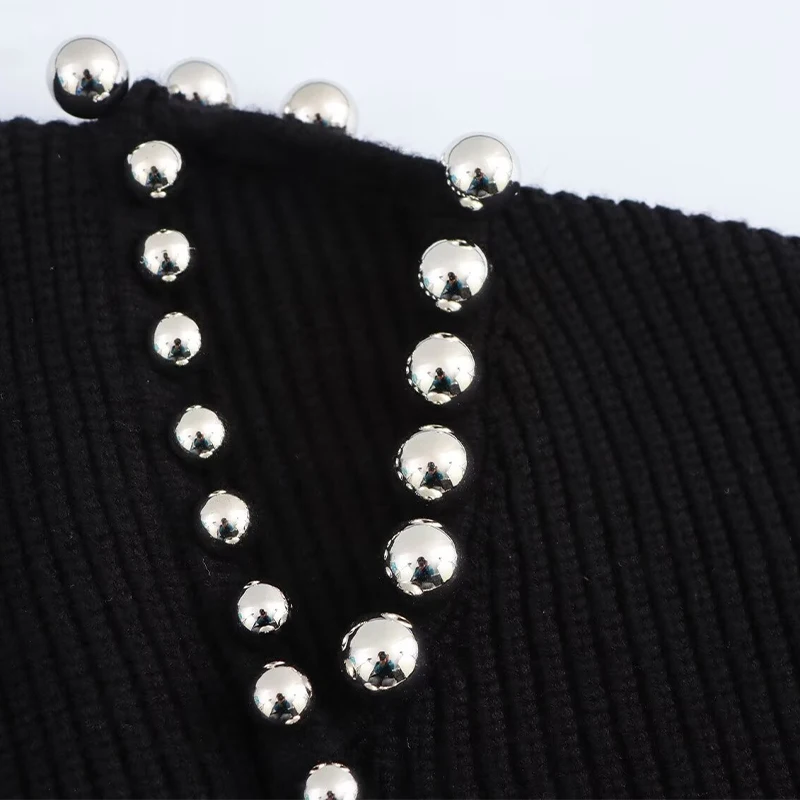 Fashion Women's Beading Sweater Pullover Elegant Knitted Black Long Sleeve O-neck Jumper 2025 New Spring Lady Casual Outwears