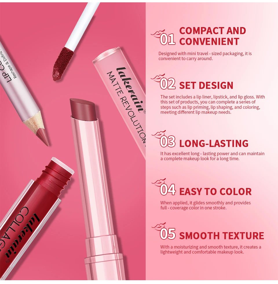 Waterproof Lipstick  Lipliner Set - Long Lasting Matte Mini Makeup 3pcs