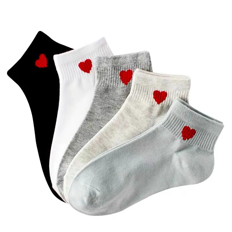 

5 Pairs/Lot Woman Cotton Ankle Socks Fashion Red Heart Girls Sox Casual Cute Breathable Spring Summer Calcetines Short Socks