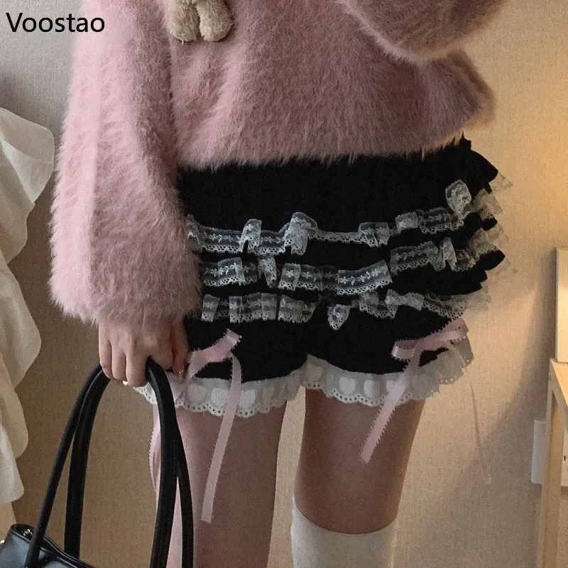 

Victorian Gothic Lolita Safety Shorts Women Kawaii Lace Ruffles Cotton Tiered JK Bloomers Girl Vintage Sweet Pumpkin Short Pants