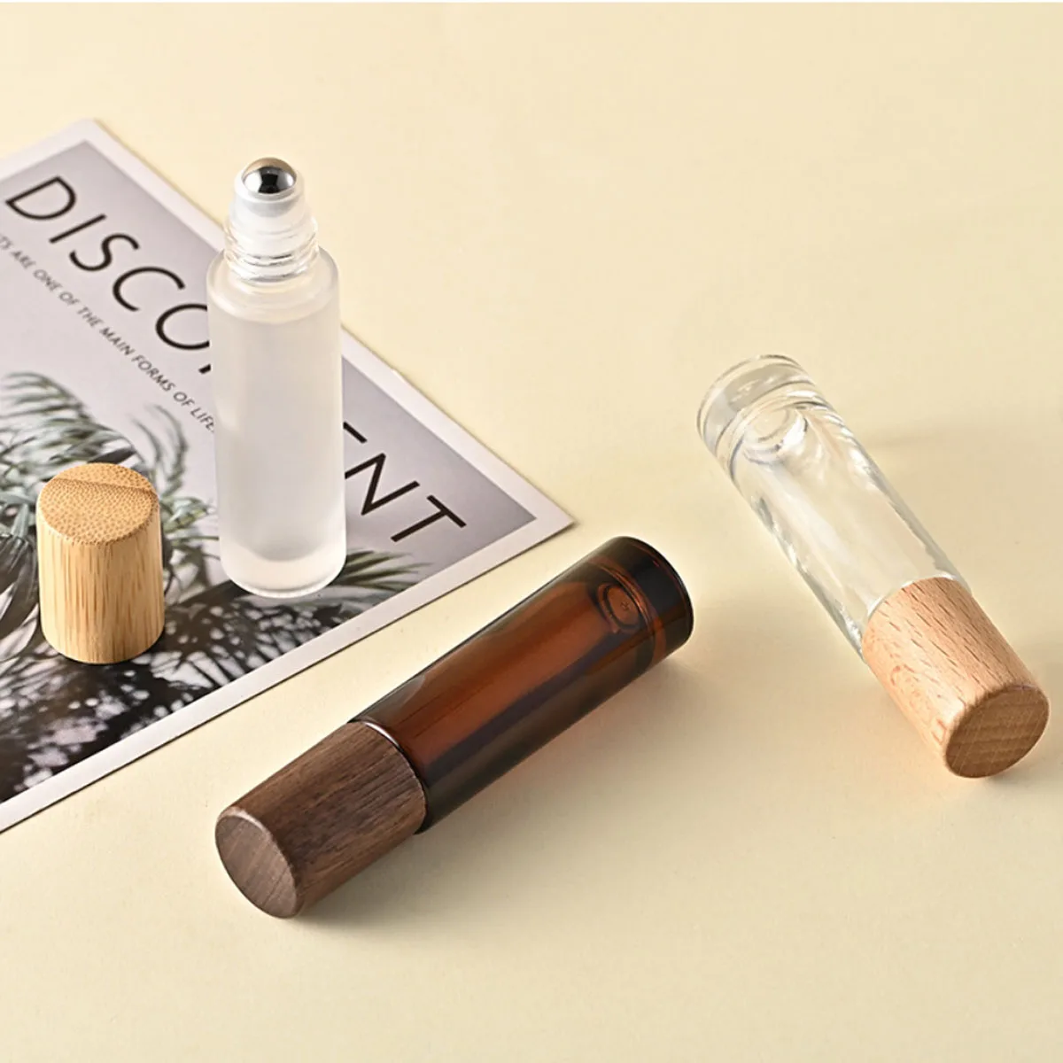 Premium Refillable Glass Roller Bottles with Natural Bamboo Lids - 5ml & 10ml Amber & Clear Vials