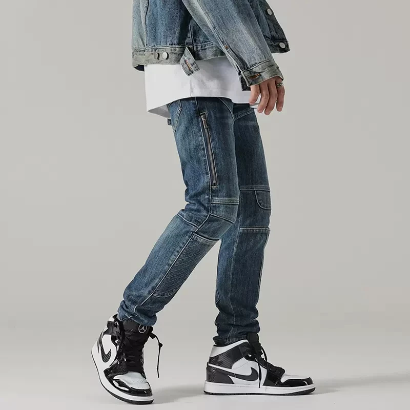 High Street Fashion Men Jeans Retro Blue Elastic Slim Fit Spliced Biker Jeans Men Patched Designer Zipper Hip Hop Pants Hombre