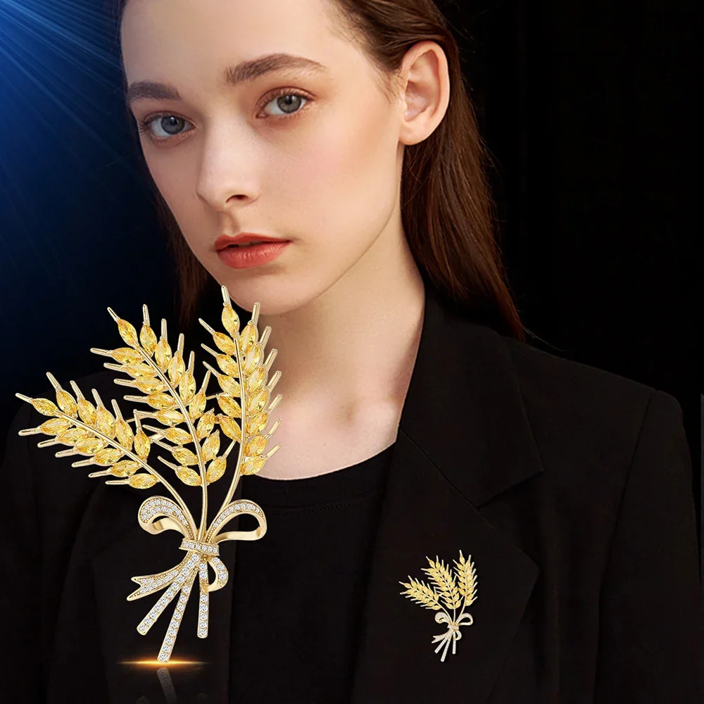 

Luxury Brooch for Women Gold Color Wheat Brooches Zircon Inlaid Pin Clothing catwalk accessories Jewelry Wedding Bridesmaid Gift