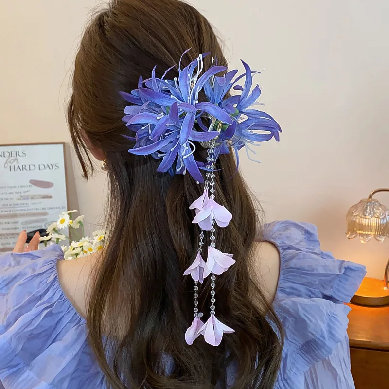 Spider Lily Flower Hair Claw Clips Women Long Tassel Shark Clip Dedicate Retro Crystal Acrylic Hairgrips Birthday Decoration