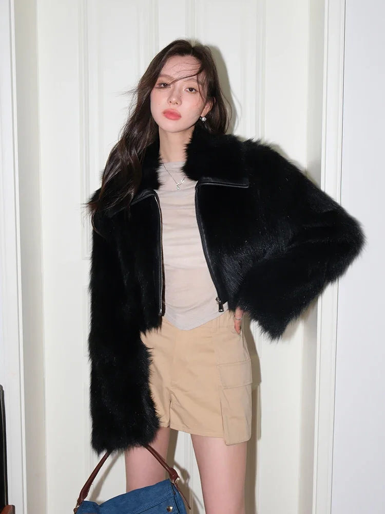 

High-end Luxury Natural Fox Fur Coat for Women 2023 New Simple Solid Slim Zipper High Waist Cropped Winter Real Fur Jacket