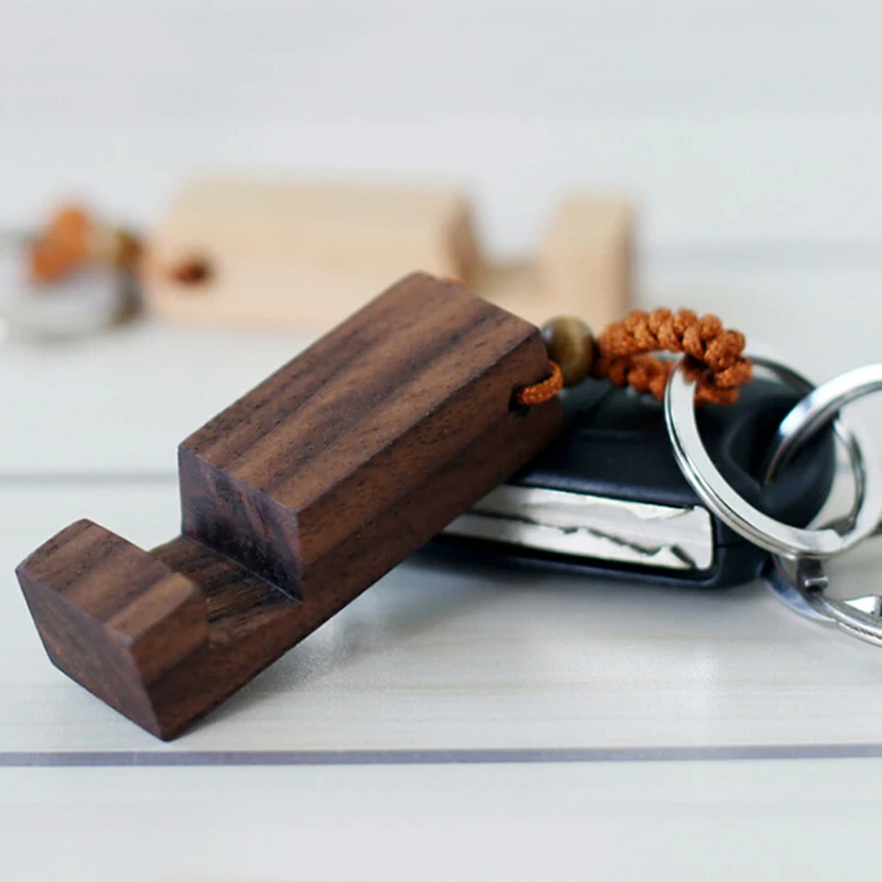 Personalized Solid Wood Keychain with Creative Phone Holder Pendant