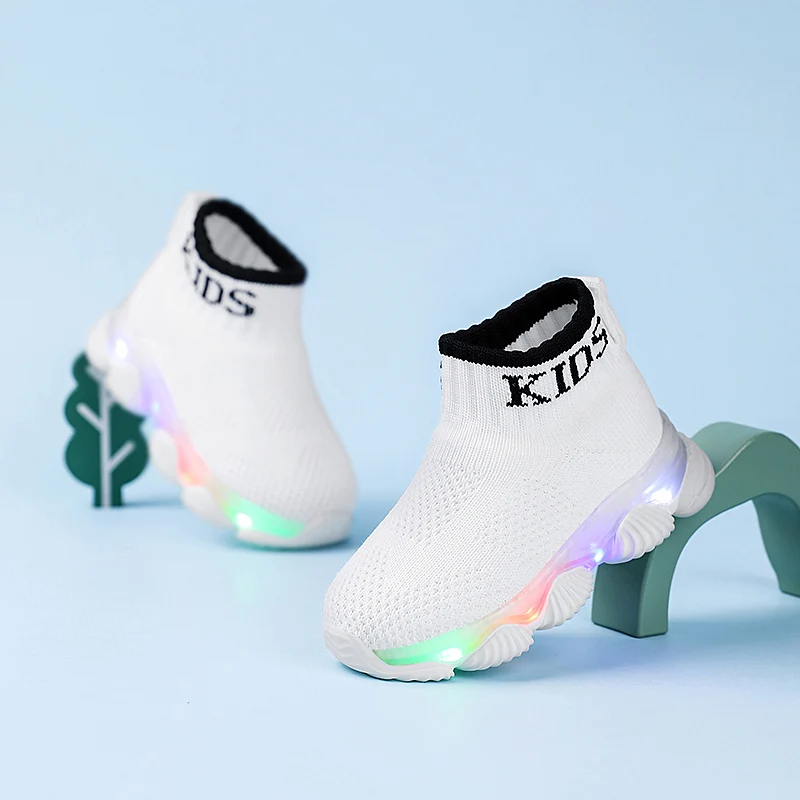 용 LED 라이트 스니커즈 하이탑 남아 플랫폼 슬립온 신발 아동용 봄 니트 양말 스니커즈 야광 운동화