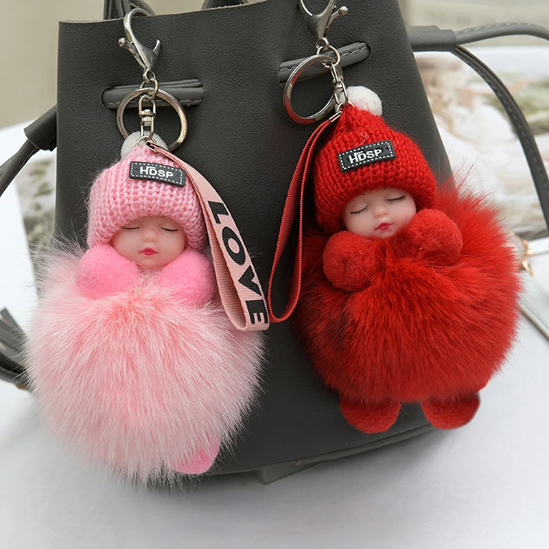 

Pompom Sleeping Baby Keychain Women Girl Bags Keyrings Cute Fluffy Plush Doll Keychains Cars Key Ring Gift Charming Decoration