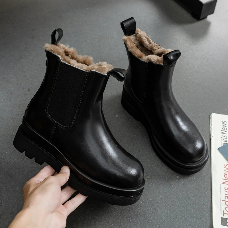 CICIYANG Chelsea Boot Women Genuine Leather British Style Winter Ankle Boot 2024 New Chunky Heel Platform Fur Short Boots Black