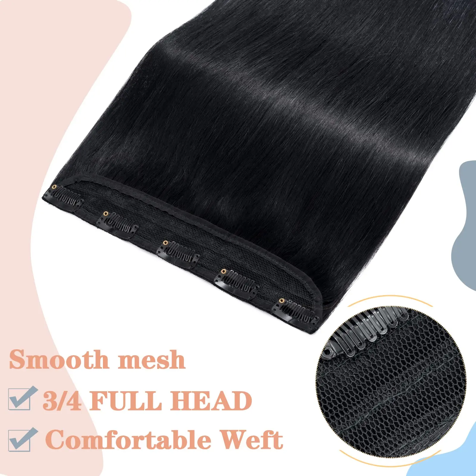 Hair Extension Clip in Hair Extensions Real Human Hairs Black Straight Extensions Head with 5 Clips One Piece Hair Clip in #1 Jet Black 26 Inch