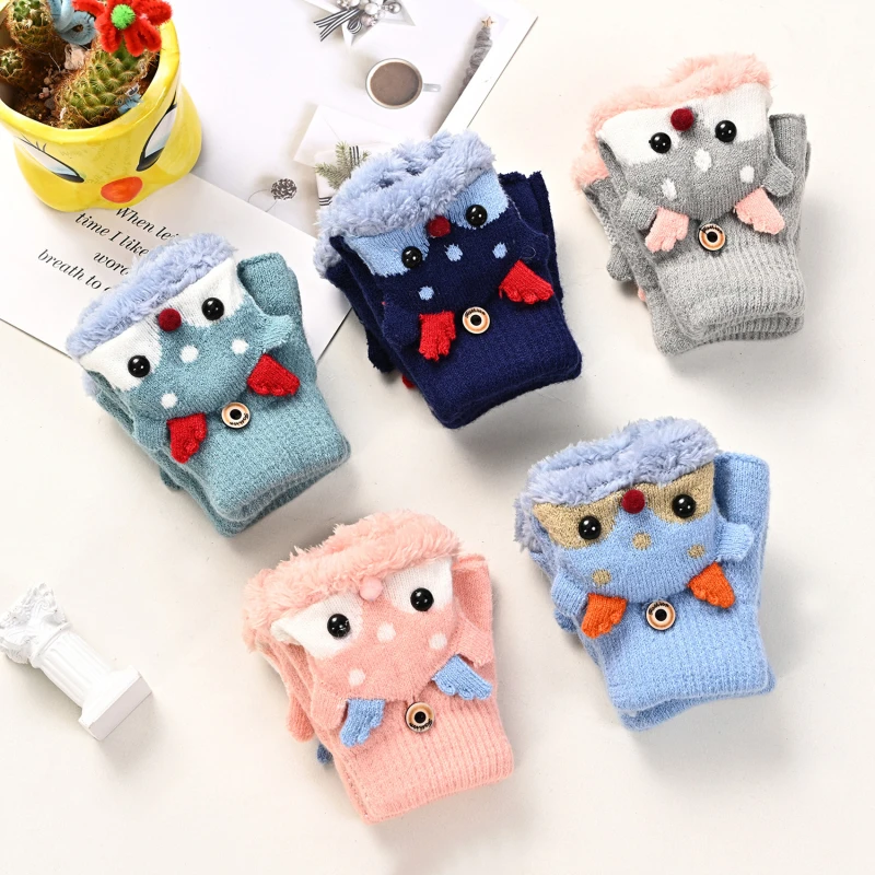Children Winter Gloves Christmas Cartoon Elk Flip Half-Finger Mittens For Girl Boy Kids Warm Plush Lined Fingerless Glove 3