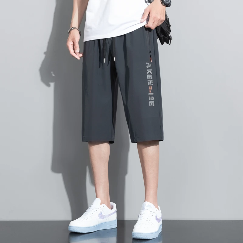 Summer Bottoms Ice Silk Pants Men Breathable Lightweight Calf-Length Short Sweatpants 3/4 Straight Loose Casual Cropped Trousers 3