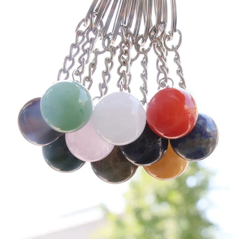Natural Stone 16mm Round Ball Tiger's Eye Rose Quartz Agate Key Rings Keychains Car Decor Key Chain Keyholder
