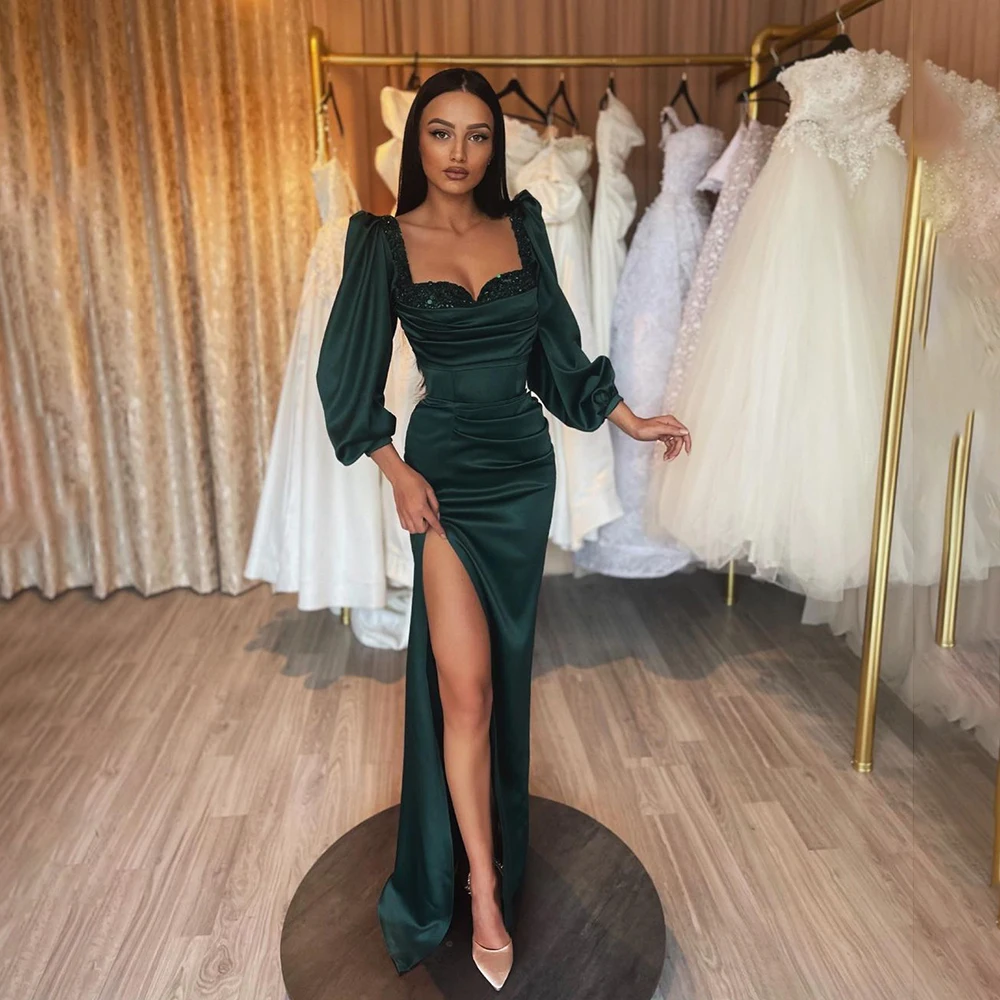 

Long Sleeve Satin Sweetheart Collar Sequins Formal Prom Dress Sheath Pleated Prom Party Gown with Side Split robes de soirée